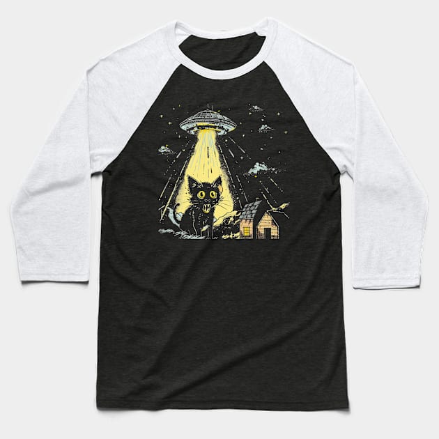 Shocked Cat and UFO Invasion Baseball T-Shirt by OscarVanHendrix